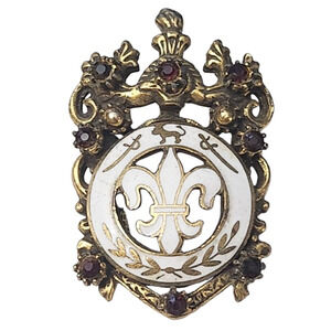 Vtg Fleur De Lis Lion Sword Heraldic French  Rhinestone Pin Brooch